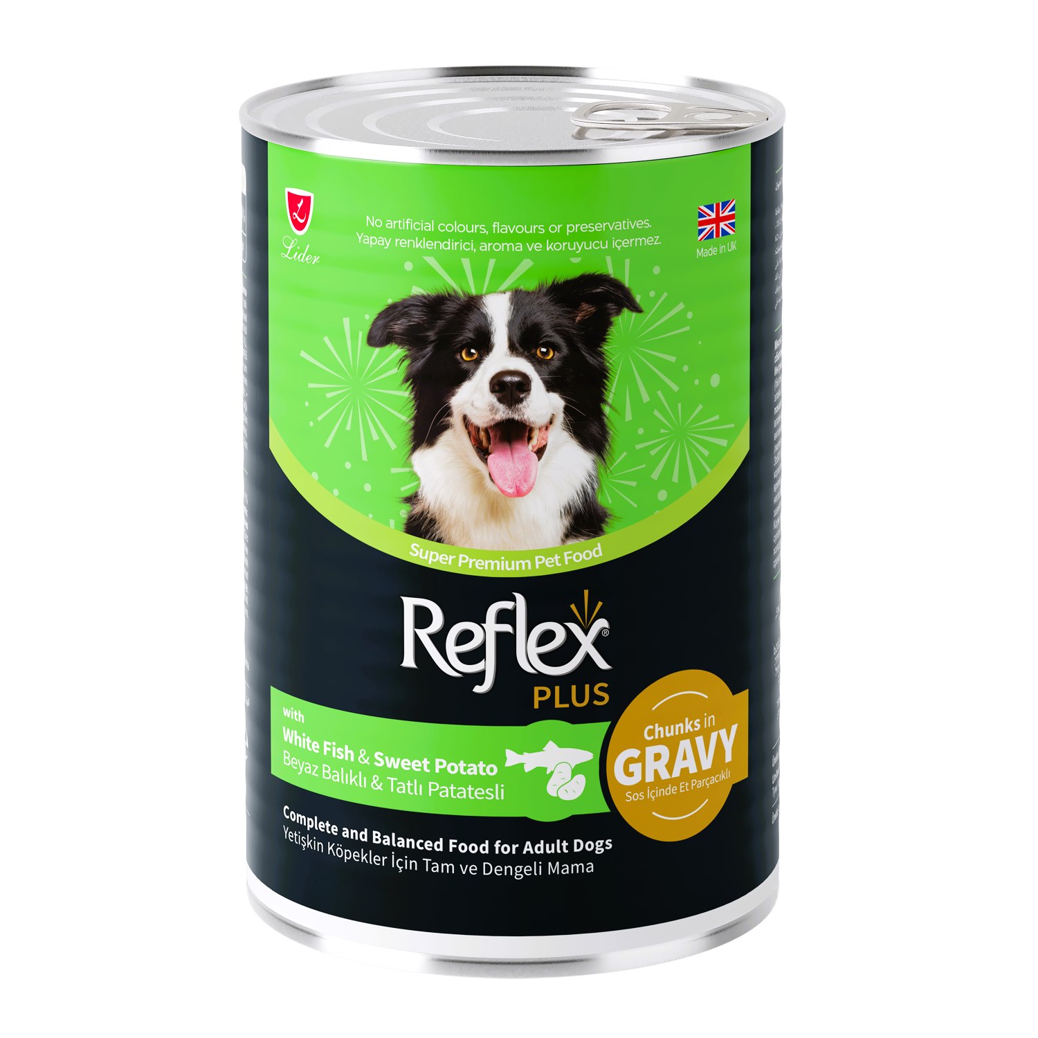 Reflex Plus Beyaz Balıklı ve Tatlı Patatesli Sos İçinde Et Parçacıklı Yetişkin Köpek Konserve Yaş Mama 400 Gr
