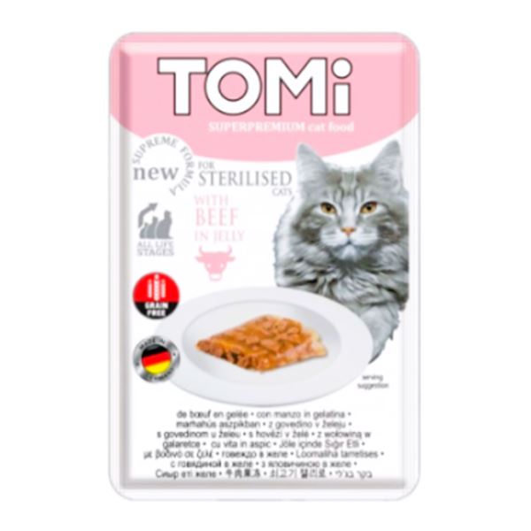 Tomi Kısırlaştırılmış Kediler İçin Dana Etli Jöle İçinde Tahılsız Kedi Maması 85 Gr (Pouch)