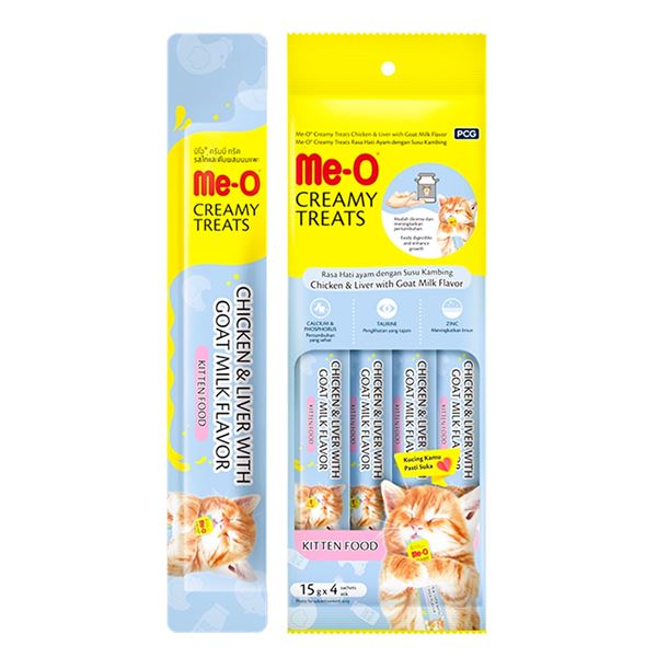 Me-O Creamy Treats Kitten Tavuk & Ciğerli Keçi Sütlü Kedi Ödül Maması 4 x 15 Gr