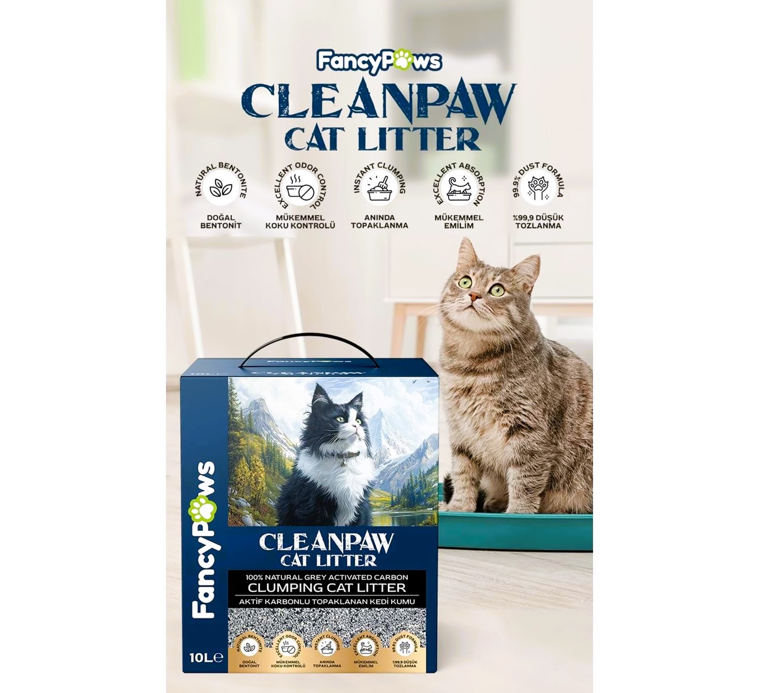 Fancy Paws Clean Paw Aktif Karbonlu Bentonit Kedi Kumu 10 Lt