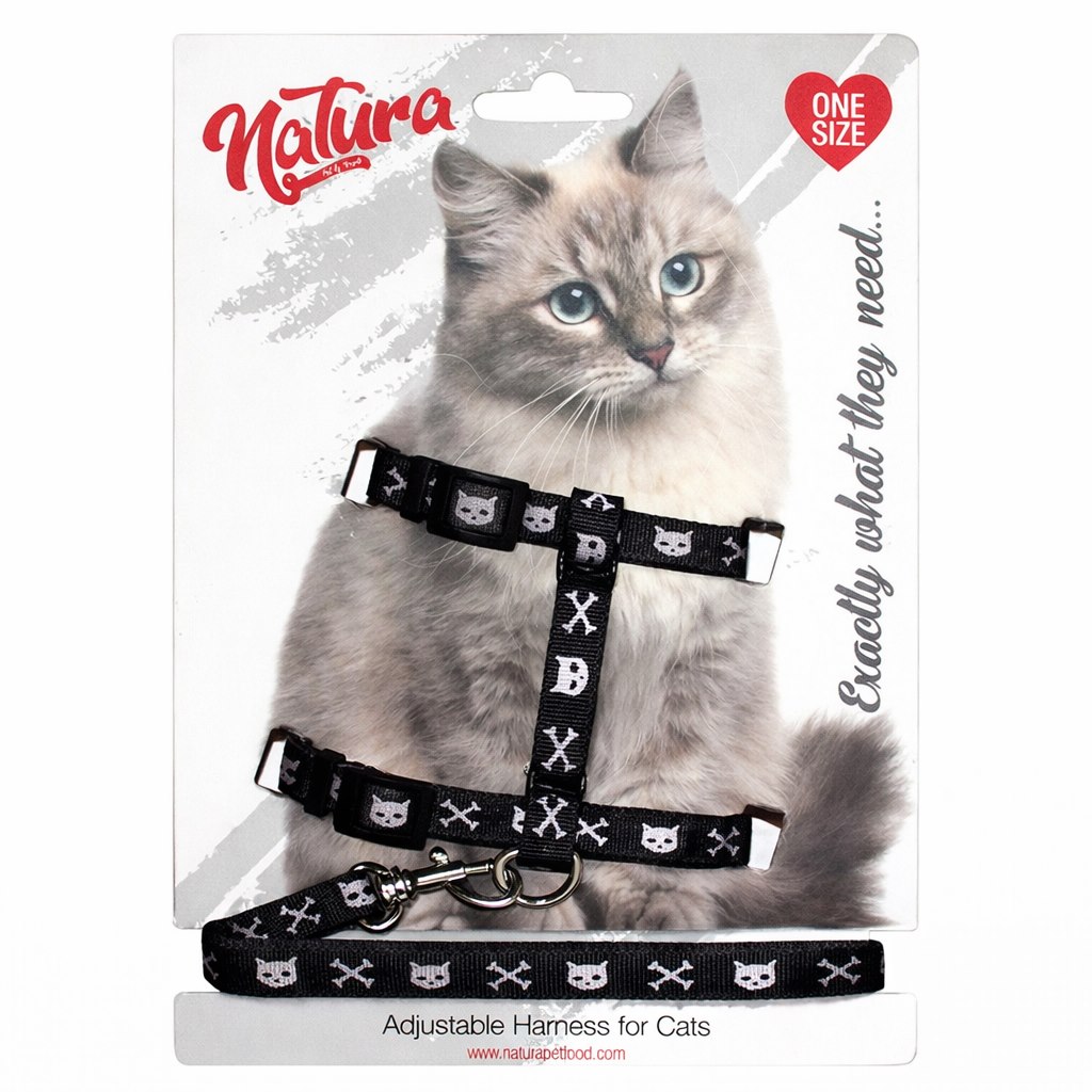 Natura Kurukafa Desenli Kedi Göğüs Tasması ve Gezdirme Kayışı (Siyah)