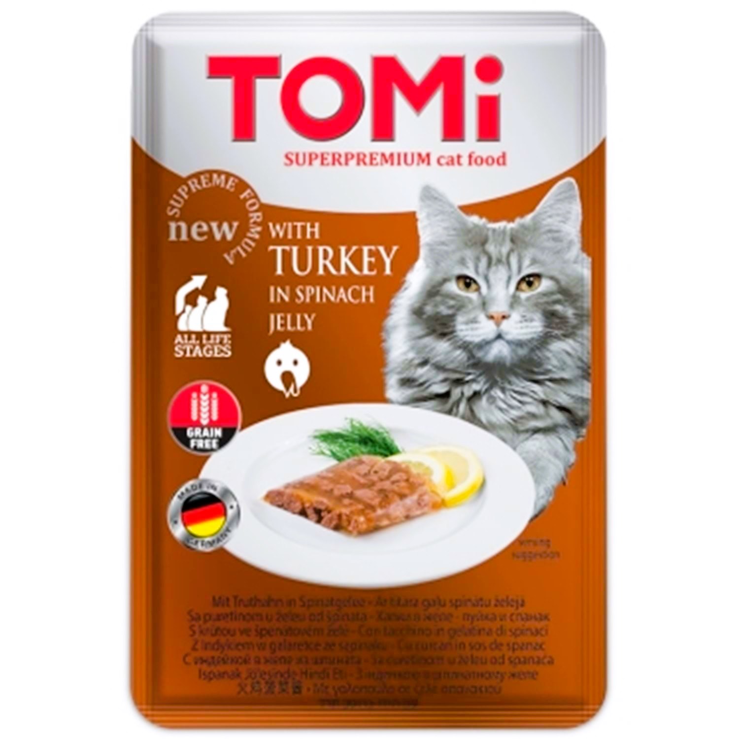 Tomi Hindili ve Ispanaklı Jöle İçinde Tahılsız Kedi Maması 100 Gr (Pouch)