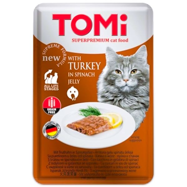 Tomi Hindili ve Ispanaklı Jöle İçinde Tahılsız Kedi Maması 100 Gr (Pouch)